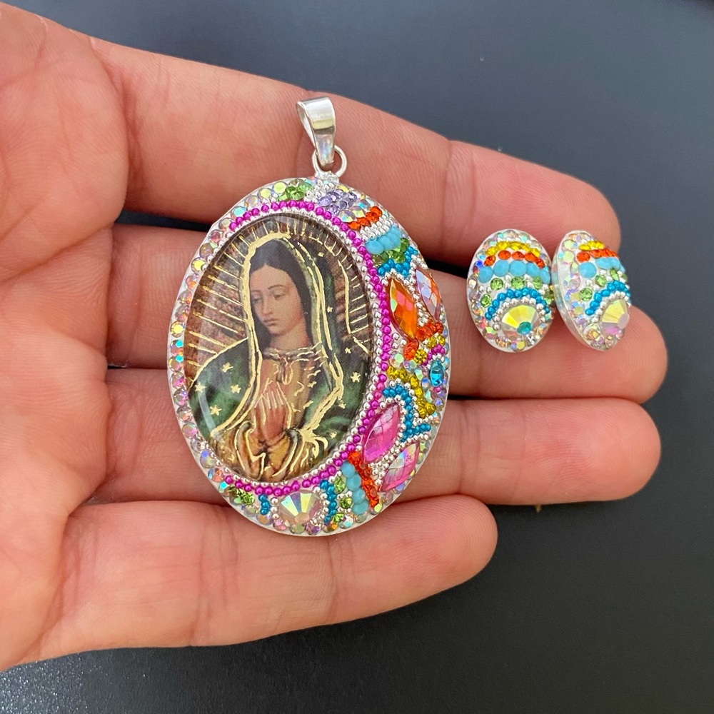 Real 925 Sterling Silver Virgin Of Guadalupe Pendant and earrings Handmade - Picture 3 of 9